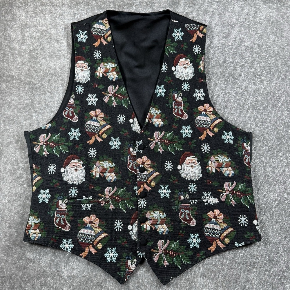 Desmonds Christmas Tapestry Vest Women's Large Black Santa Buckle‎ Back